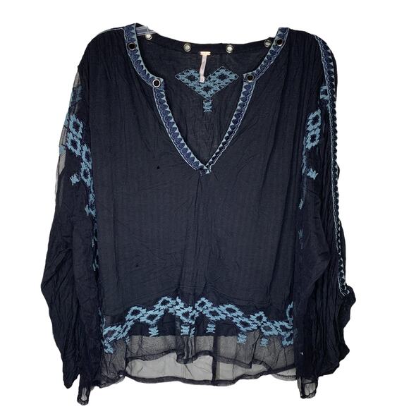 Free People Eden Mesh Bohemian Detail Oversized Tunic Blouse Top Medium - Picture 2 of 8